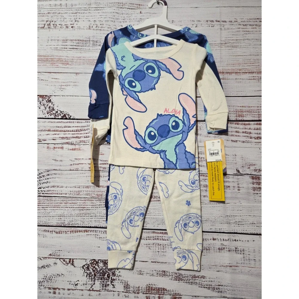 Disney Stitch 4-Piece Pajama Set Baby Boys 18M Navy Cream Cotton Snug Fit NWT